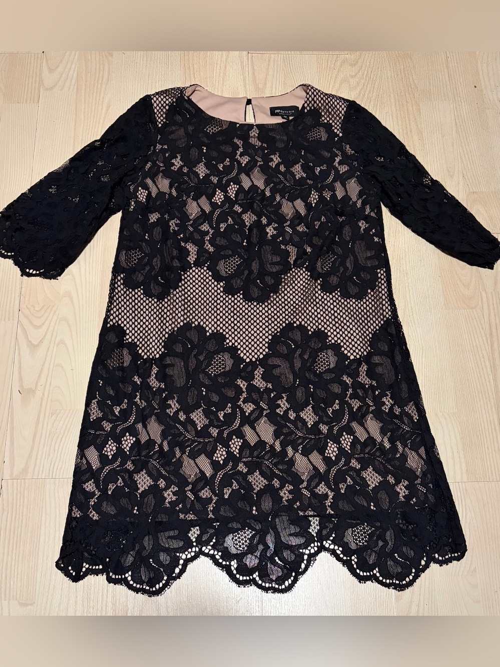 Black Lace Overlay Shift Dress with Nude Lining